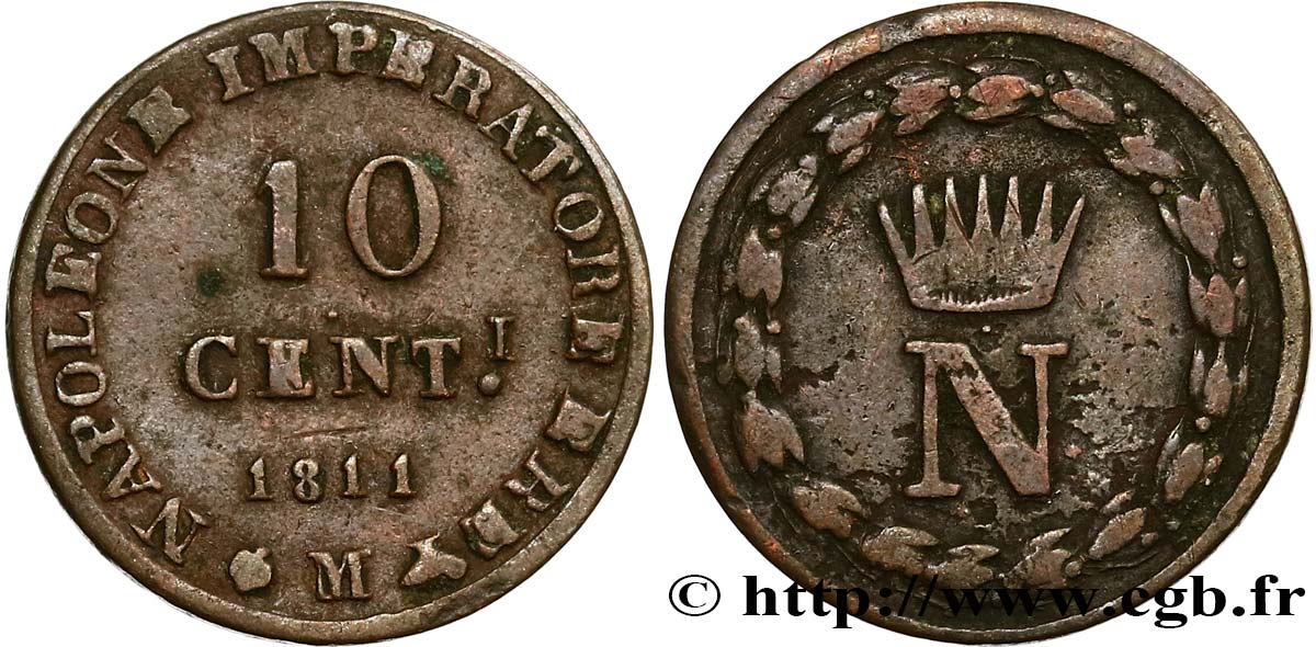 ITALY - KINGDOM OF ITALY - NAPOLEON I 10 centesimi 1811 Milan VF
