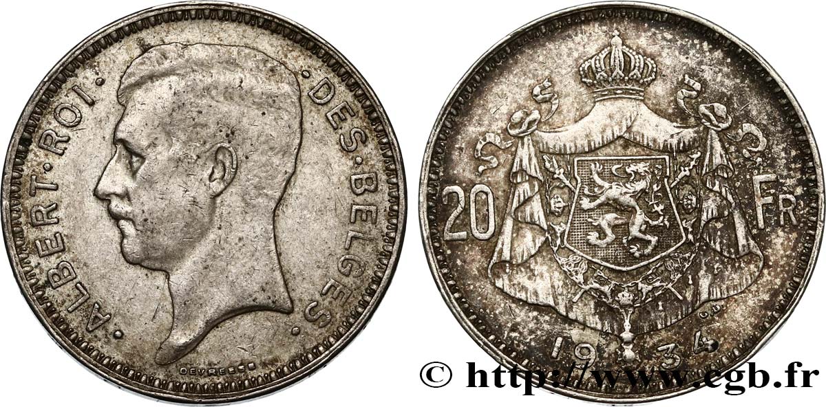 BELGIQUE 20 Francs Albert Ier légende Française 1934  TB+ 
