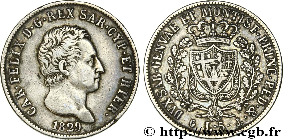 ITALY - KINGDOM OF SARDINIA 5 Lire Charles Félix 1829 Gênes XF 