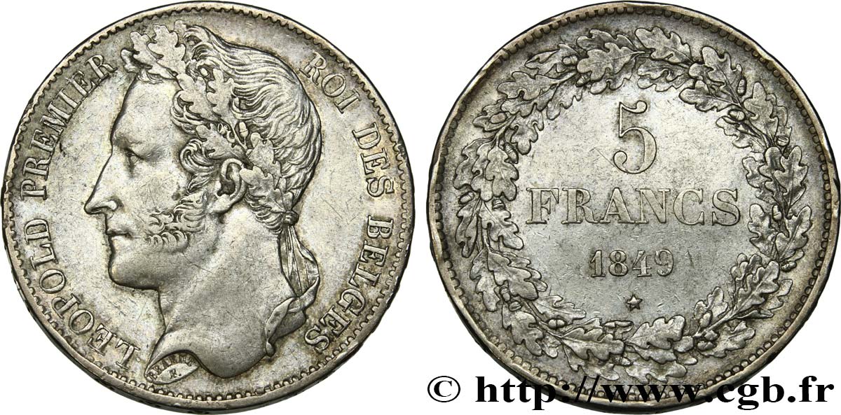 BELGIQUE 5 Francs Léopold Ier tête laurée 1849  TTB 