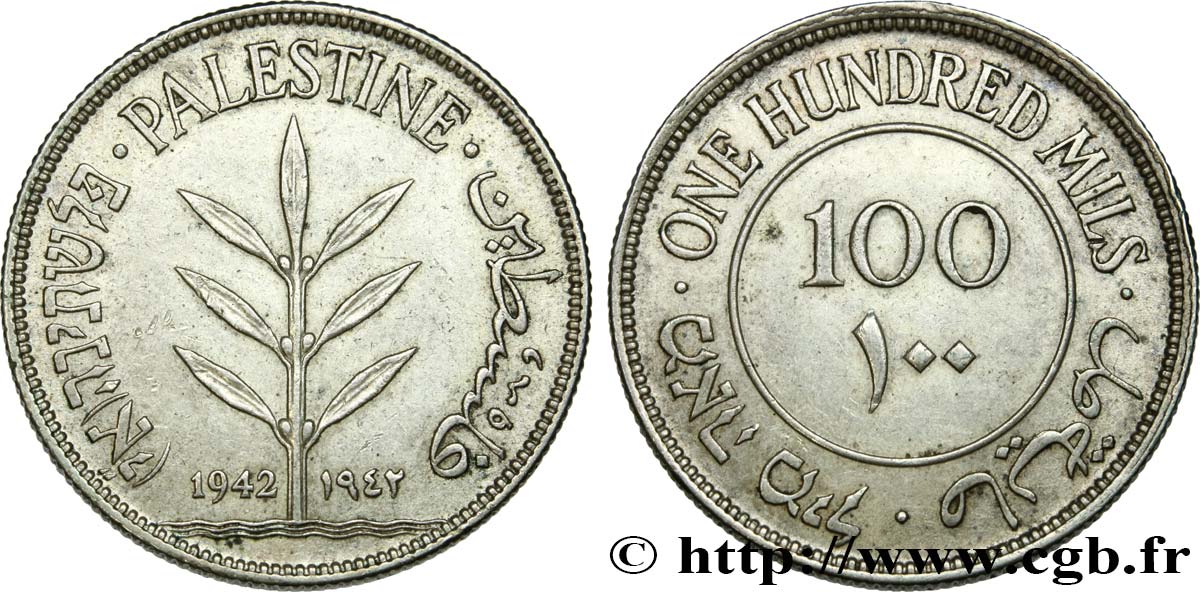 PALESTINE 100 Mils 1942  TTB+ 