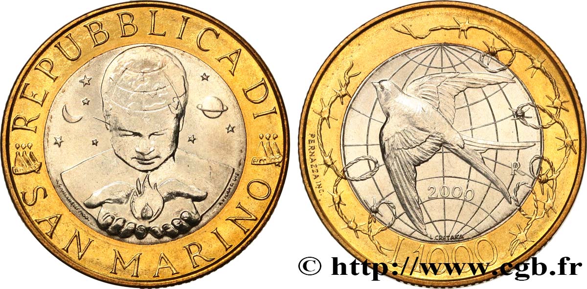 SAN MARINO 1000 Lire enfant de l’univers / colombe de la paix 2000 Rome - R fST