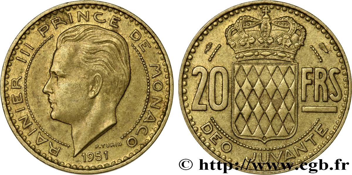 MONACO 20 Francs Rainier III / écu couronné 1951 Paris MBC+