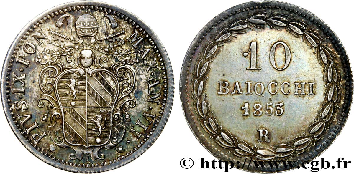 ITALY - PAPAL STATES - PIUS IX (Giovanni Maria Mastai Ferretti) 10 Baiocchi an VII 1853 Rome AU 