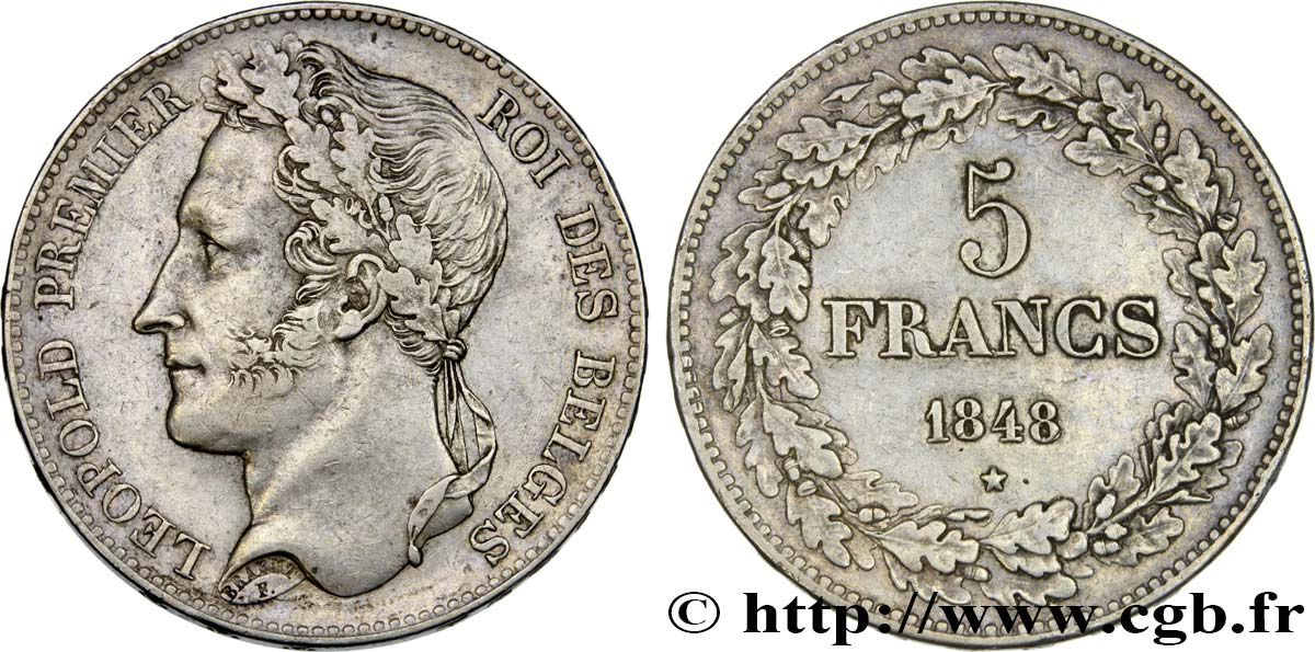 BELGIQUE 5 Francs Léopold Ier tête laurée 1848  TTB 