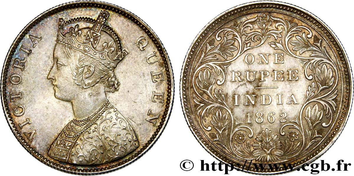 BRITISH INDIA 1 Roupie Victoria 1862 Bombay AU 