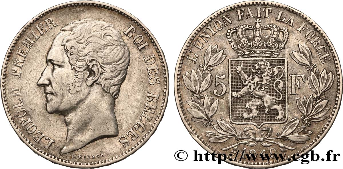 BELGIO 5 Francs Léopold Ier tête nue 1849  BB 
