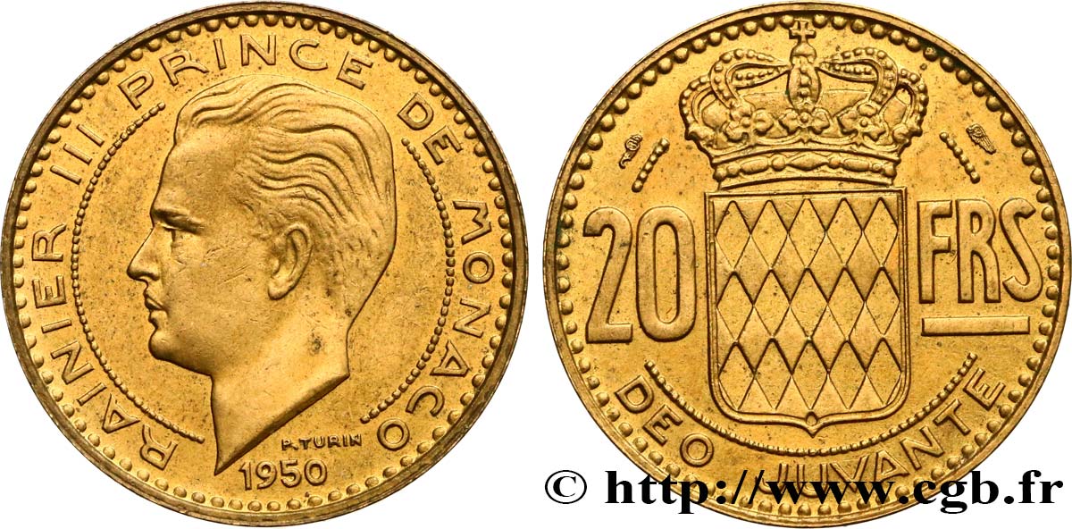MONACO 20 Francs Rainier III / écu couronné 1950 Paris VZ 