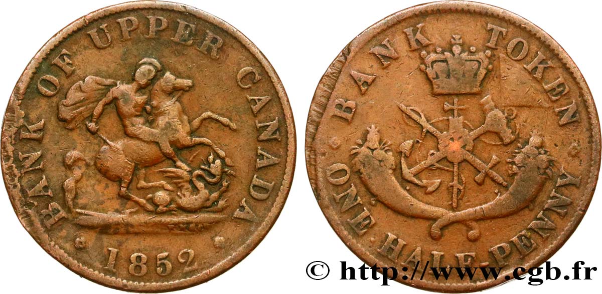 CANADA 1/2 Penny token Province du Haut Canada St Georges terrassant le dragon 1852 Heaton VF 