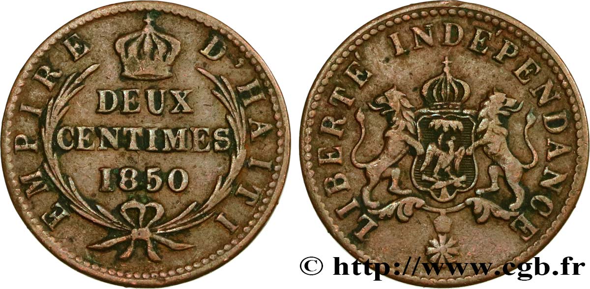 HAÏTI 2 Centimes Empire d’Haiti emblème 1850  TTB+ 