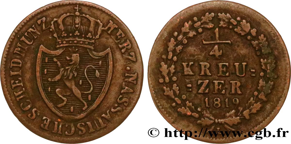 ALLEMAGNE - NASSAU 1/4 Kreuzer Grand-Duché de Nassau 1819  TTB 