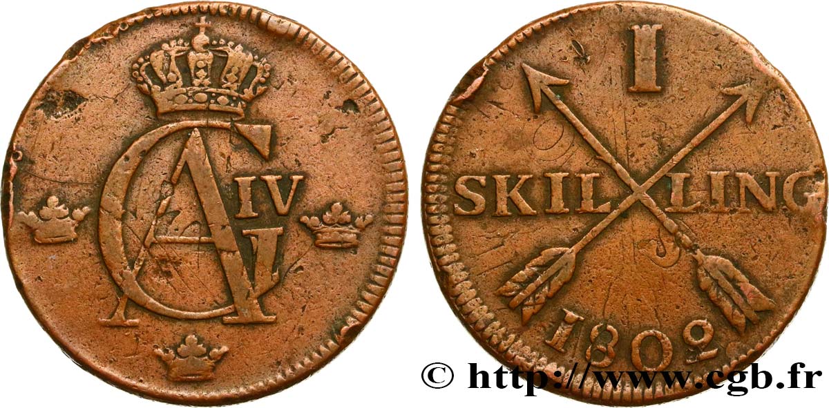 SUÈDE 1 Skilling monogramme du roi Gustave IV Adolphe 1802  TB 