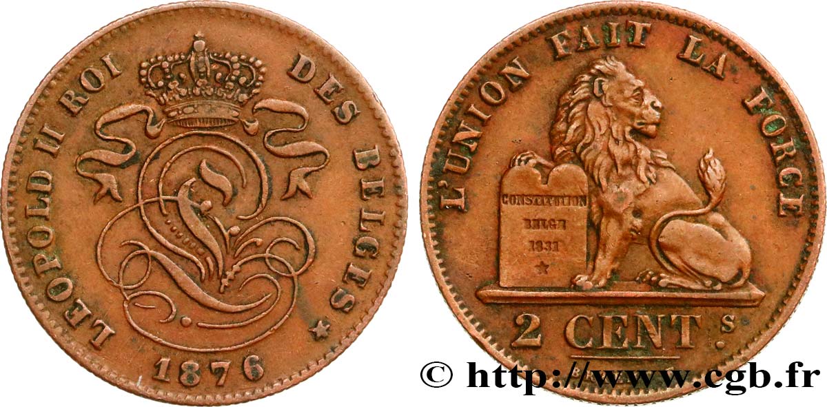 BELGIQUE 2 Centimes lion monogramme de Léopold II 1876  TTB+ 