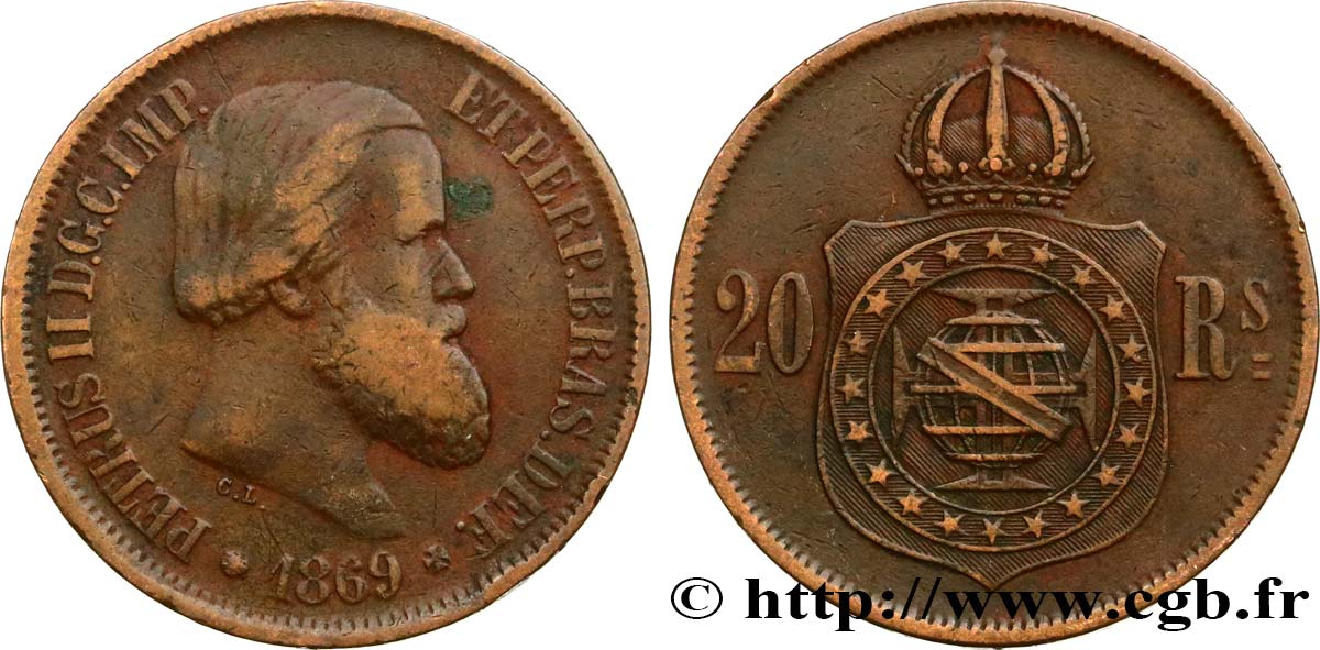 BRÉSIL 20 Réis Empereur Pierre II 1869  TB+ 