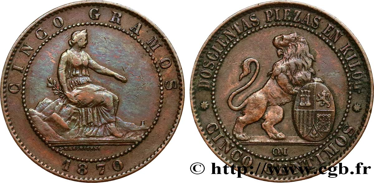 SPAIN 5 Centimos “ESPAÑA” assise / lion au bouclier 1870 Oeschger Mesdach & CO VF 