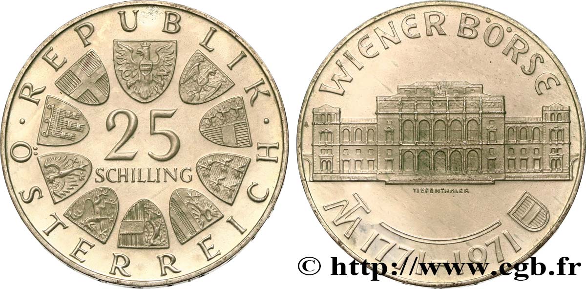 ÖSTERREICH 25 Schilling 200e anniversaire de la Bourse de Vienne 1971  VZ 