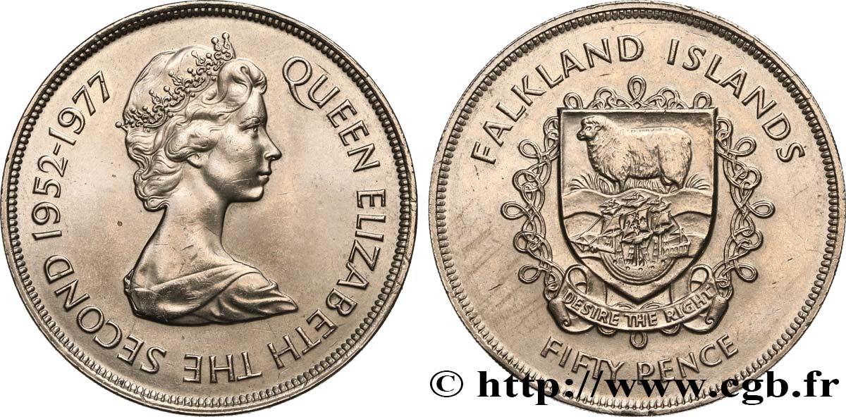 ÎLES FALKLAND 50 Pence jubilé d’argent d’Élisabeth II 1977  SUP 