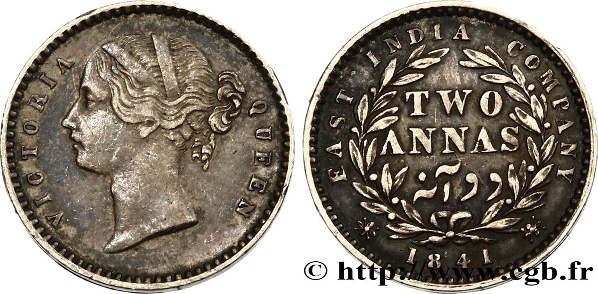 INDES BRITANNIQUES 2 Annas East India Company Victoria 1841 Calcutta TTB 