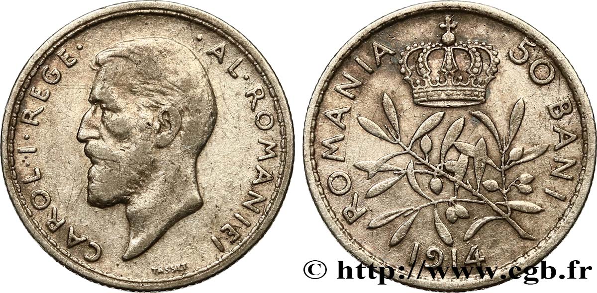 ROMANIA 50 Bani Charles Ier 1914 VF/XF