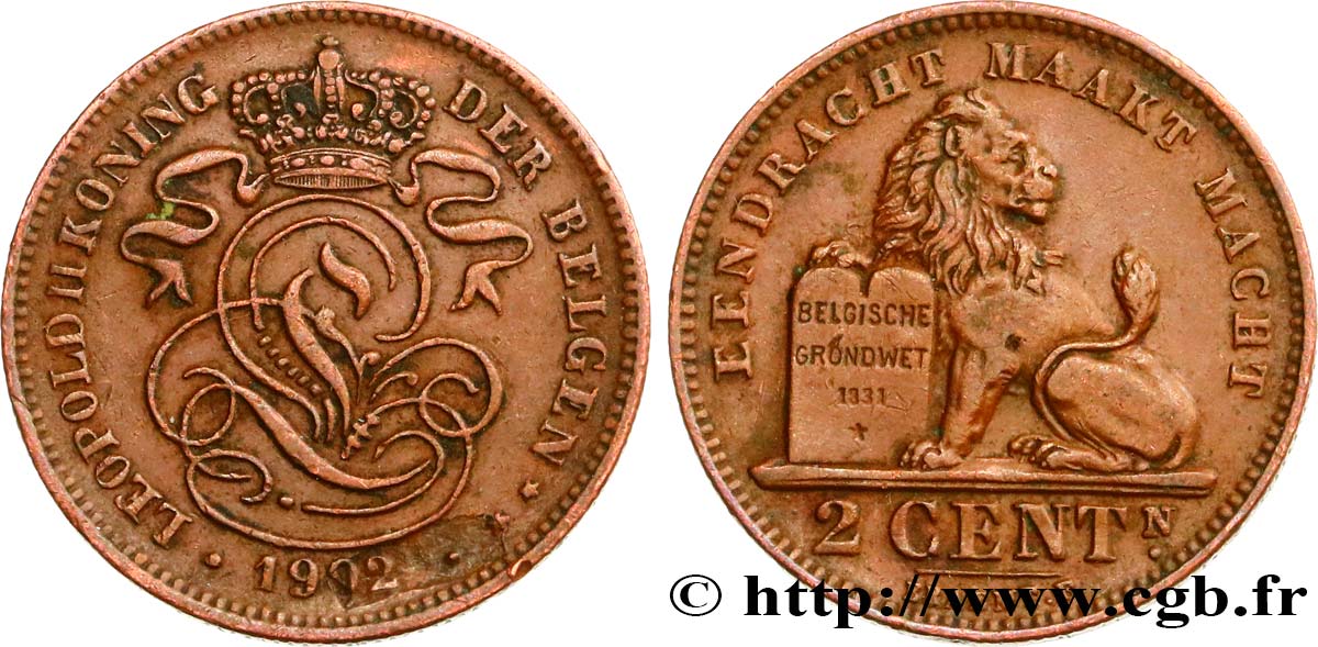BELGIQUE 2 Centimes lion monogramme de Léopold II légende française 1902  TTB+ 
