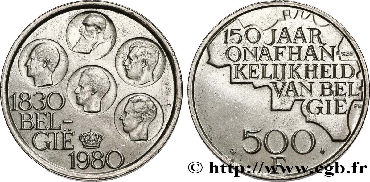 BELGIQUE 500 Francs légende flamande 150e anniversaire de l’indépendance, portrait des 5 rois / carte de Belgique 1980 Bruxelles SUP 