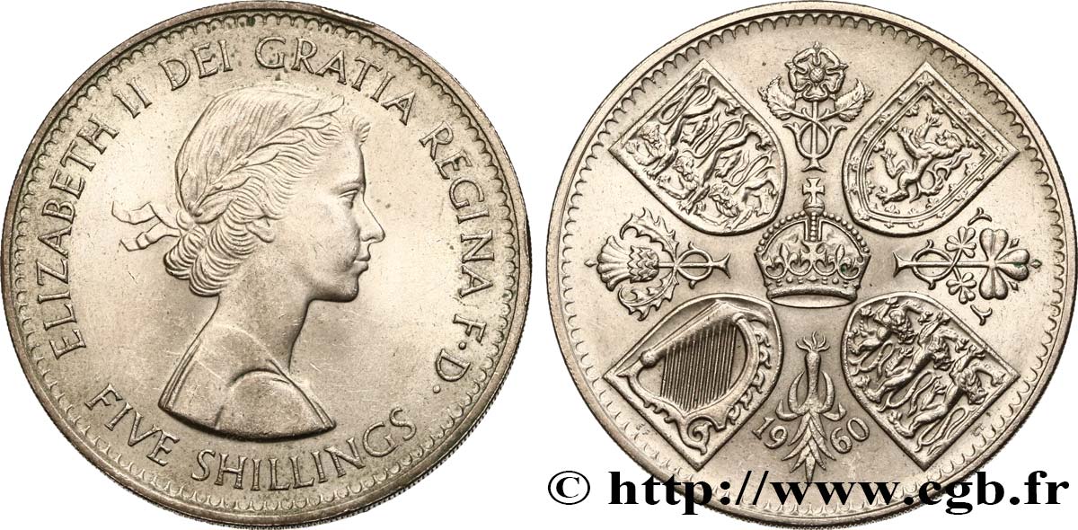VEREINIGTEN KÖNIGREICH 5 Shillings (1 Crown) Elisabeth II 1960  VZ 