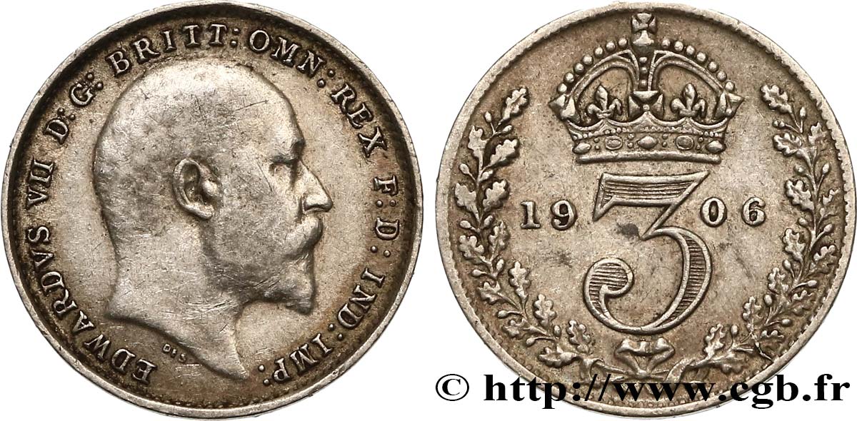 VEREINIGTEN KÖNIGREICH 3 Pence Edouard VII / couronne 1906  SS 