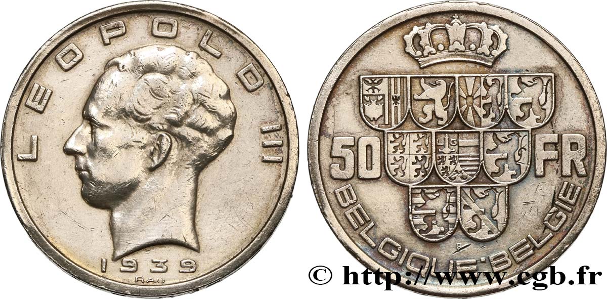 BELGIUM 50 Francs Léopold III légende Belgique-Belgie tranche position A 1939  AU 