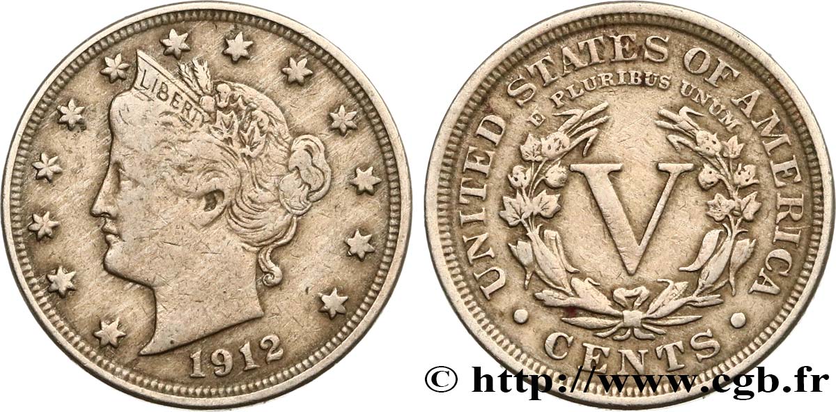 ÉTATS-UNIS D AMÉRIQUE 5 Cents Liberty Nickel 1912 Philadelphie TTB 