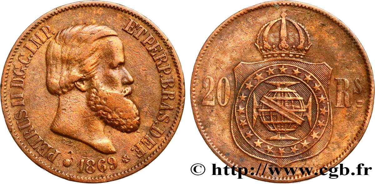 BRAZIL 20 Réis Empereur Pierre II 1869  VF 
