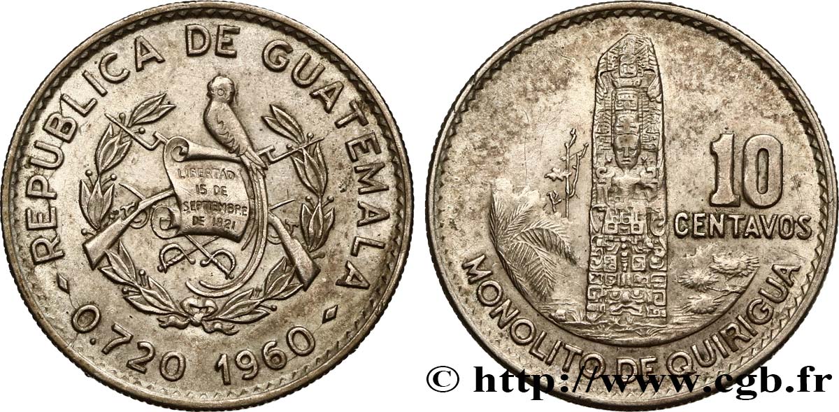 GUATEMALA 10 Centavos emblème au quetzal 1960  SUP 