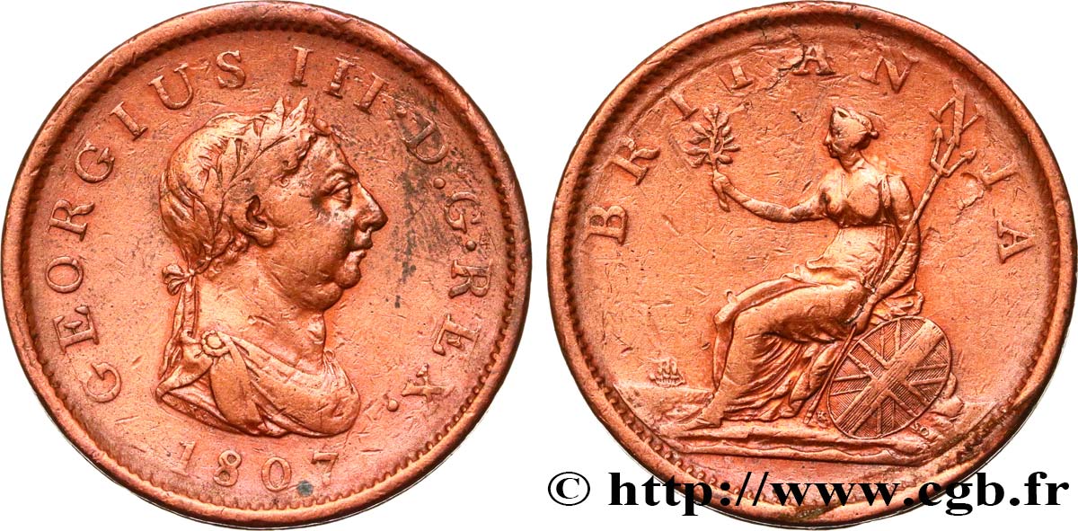 ROYAUME-UNI 1 Penny Georges III tête laurée 1807  TB 