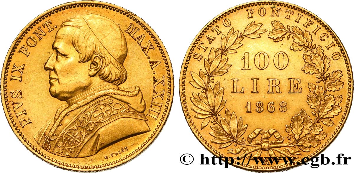 ITALIA - STATO PONTIFICIO - PIE IX (Giovanni Maria Mastai Ferretti) 100 Lire an XXIII 1868 Rome SPL 