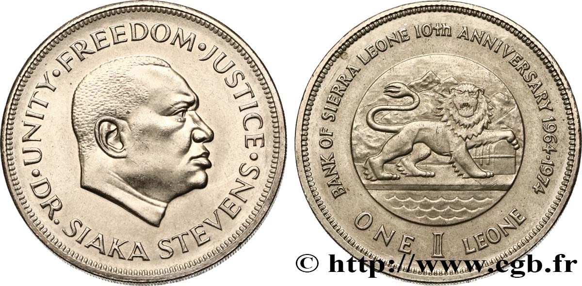 SIERRA LEONE 1 Leone 10e anniversaire de la Banque centrale de Sierra Leone 1974  SUP 