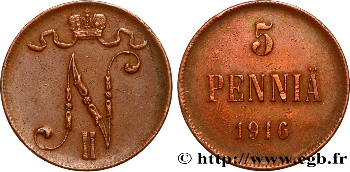 FINLANDE 5 Pennia monogramme Tsar Nicolas II 1916  TTB 