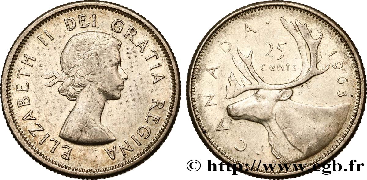 CANADA 25 Cents Elisabeth II / caribou 1963  TTB 