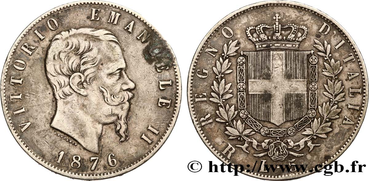 ITALIE 5 Lire Victor Emmanuel II 1876 Rome TTB 