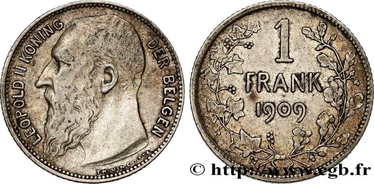 BELGIEN 1 Franc Léopold II légende flamande variété sans point dans la signature 1909  SS 