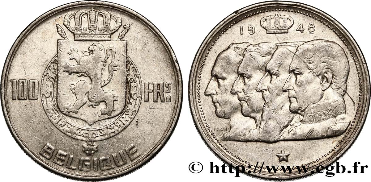 BELGIQUE 100 Francs bustes des quatre rois de Belgique, légende flamande 1948 TB+