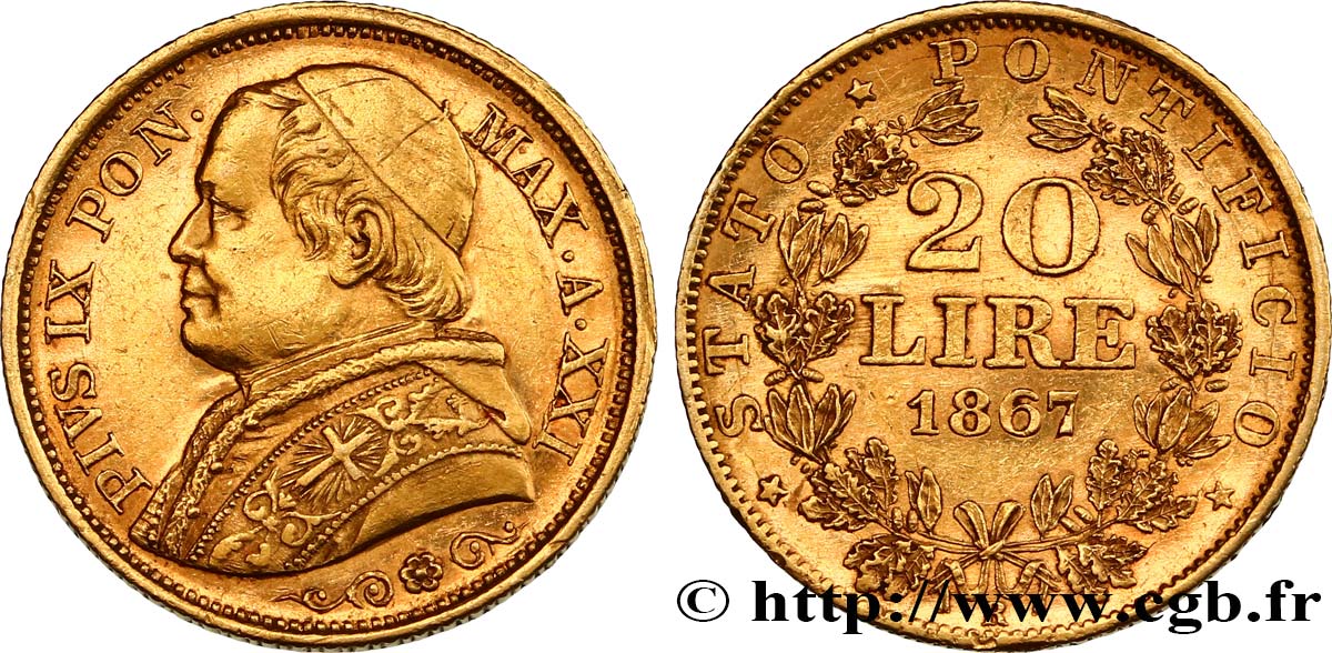 VATICAN AND PAPAL STATES 20 Lire Pie IX an XXI 1867 Rome AU 