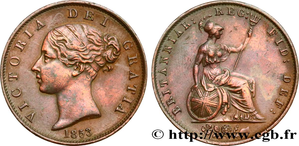 ROYAUME-UNI 1/2 Penny Victoria tête jeune 1853  TTB+ 