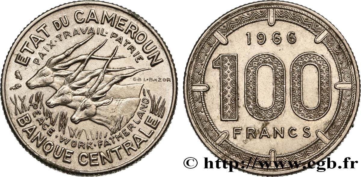 CAMEROUN 100 Francs Etat du Cameroun, commémoration de l’indépendance, antilopes 1966 Paris SUP 