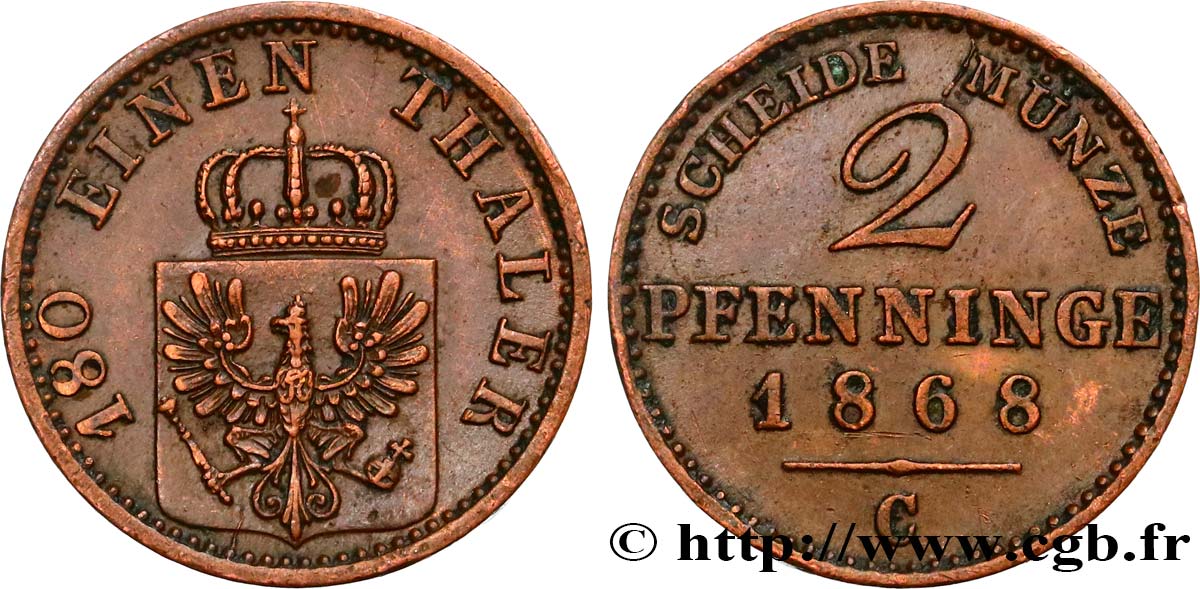 ALLEMAGNE - PRUSSE 2 Pfenninge Royaume de Prusse écu à l’aigle 1868 Francfort - C SUP 