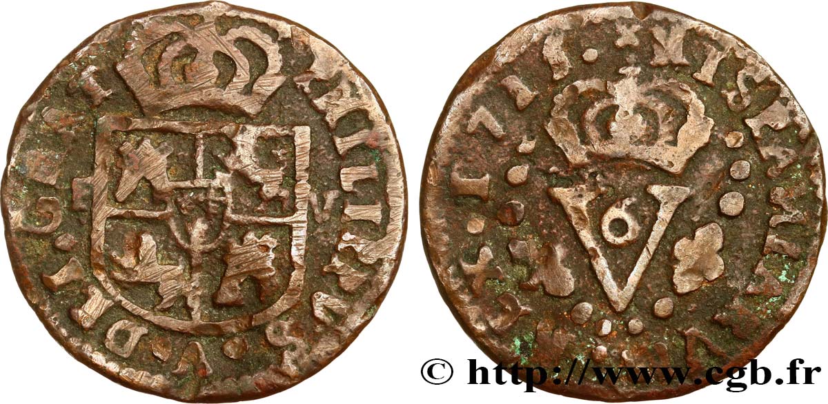 SPAIN 1 Seiseno Philippe V variété au N inversé 1711 Valence VF