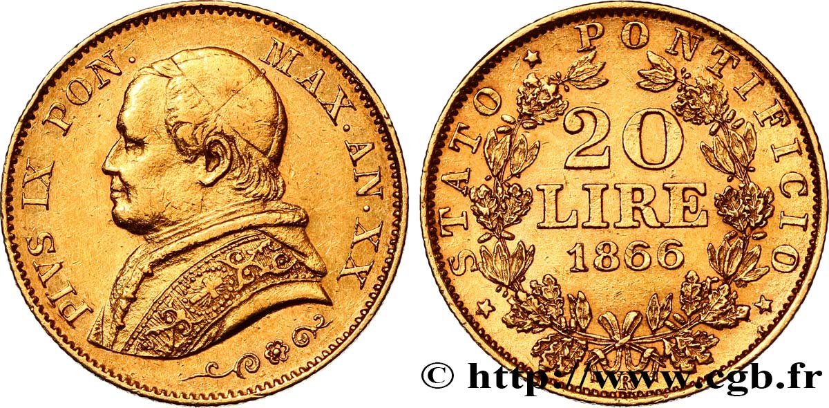VATICAN - PIUS IX (Giovanni Maria Mastai Ferretti) 20 Lire an XX 1866 Rome XF/AU 