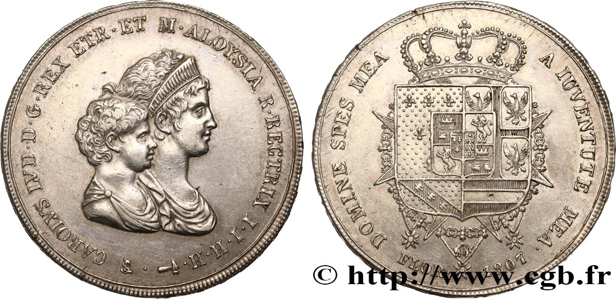 ITALY - KINGDOM OF ETRURIA - CHARLES-LOUIS and MARIE-LOUISE 10 Lire, 2e type 1807 Florence AU/AU 