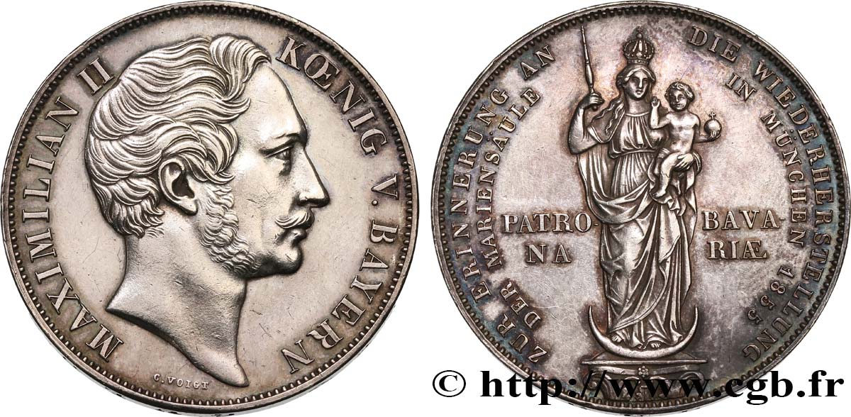 ALLEMAGNE - BAVIÈRE 2 Gulden Maximilien II / Mariensäule 1855  SUP+ 