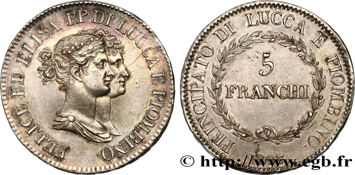 ITALY - PRINCIPALTY OF LUCCA AND PIOMBINO - FELIX BACCIOCHI AND ELISA BONAPARTE 5 Franchi 1808 Florence AU/AU 