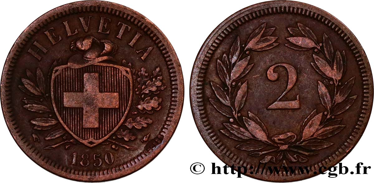 SUISSE 2 Centimes (Rappen) croix suisse 1850 Paris TTB 