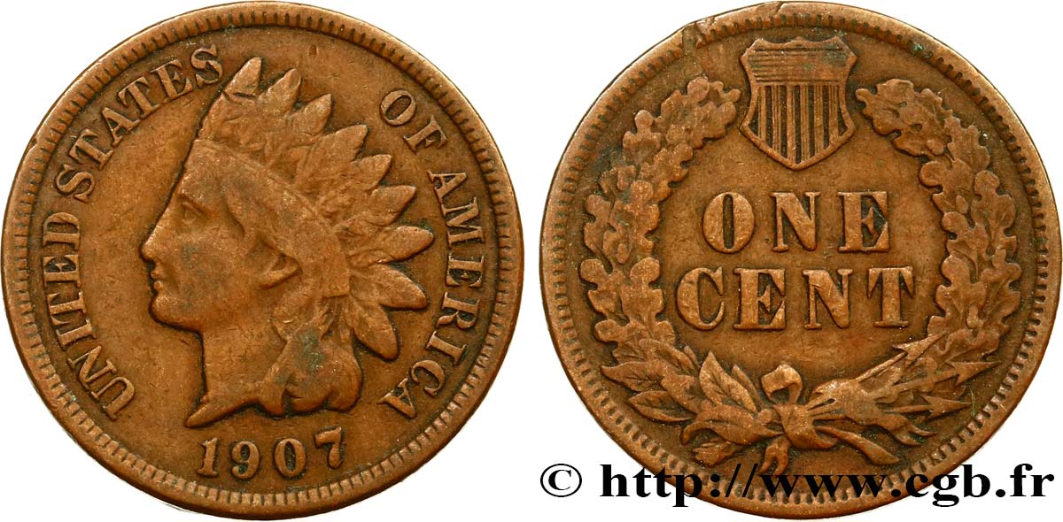 UNITED STATES OF AMERICA 1 Cent tête d’indien, 3e type 1907 Philadelphie VF